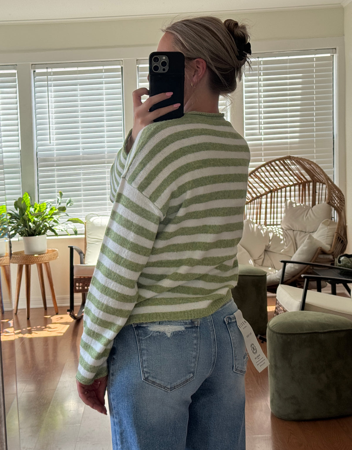 Striped Henley Button Sweater - Green