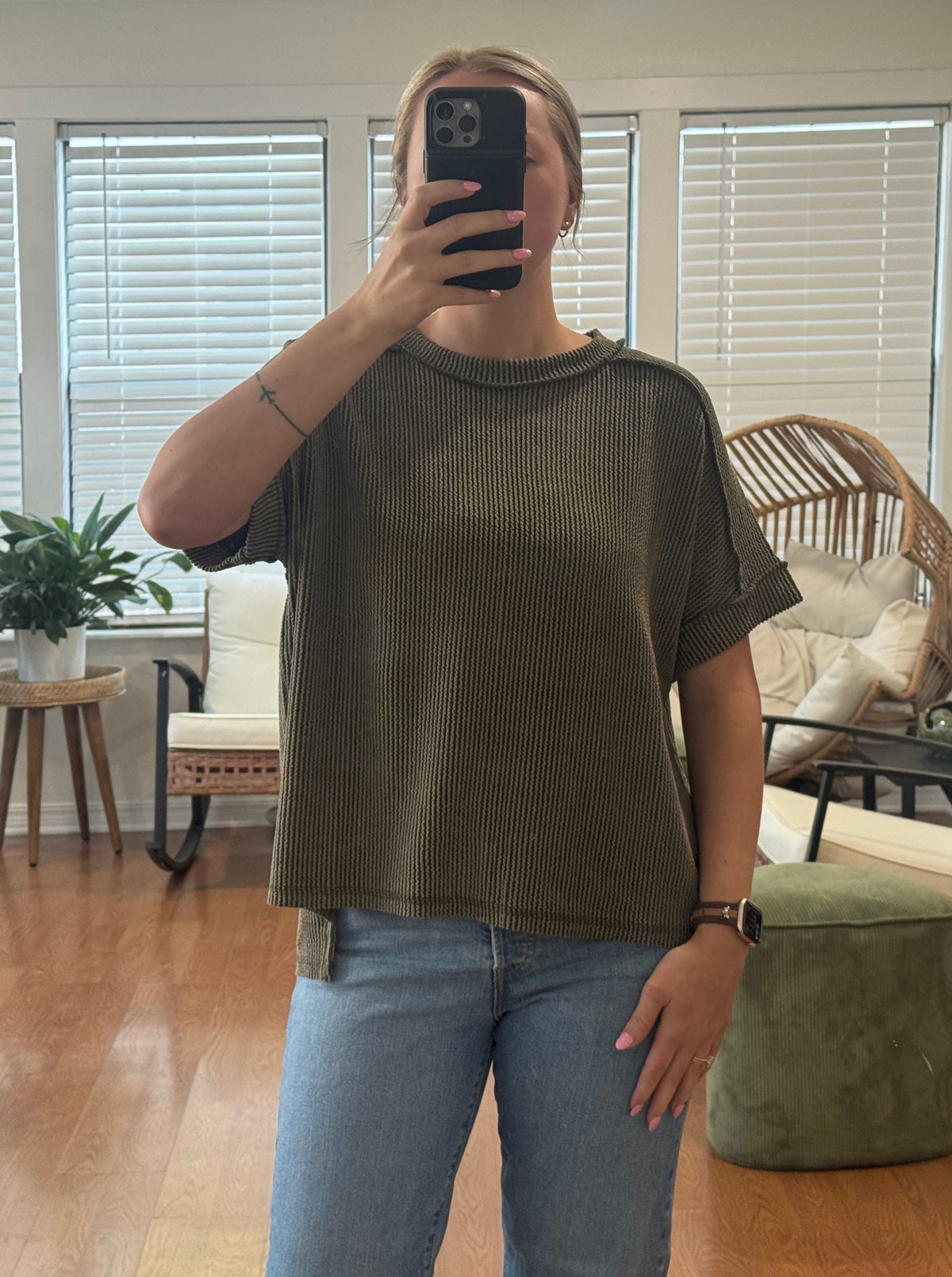 Ribbed Short Sleeve Tee - Olive Green