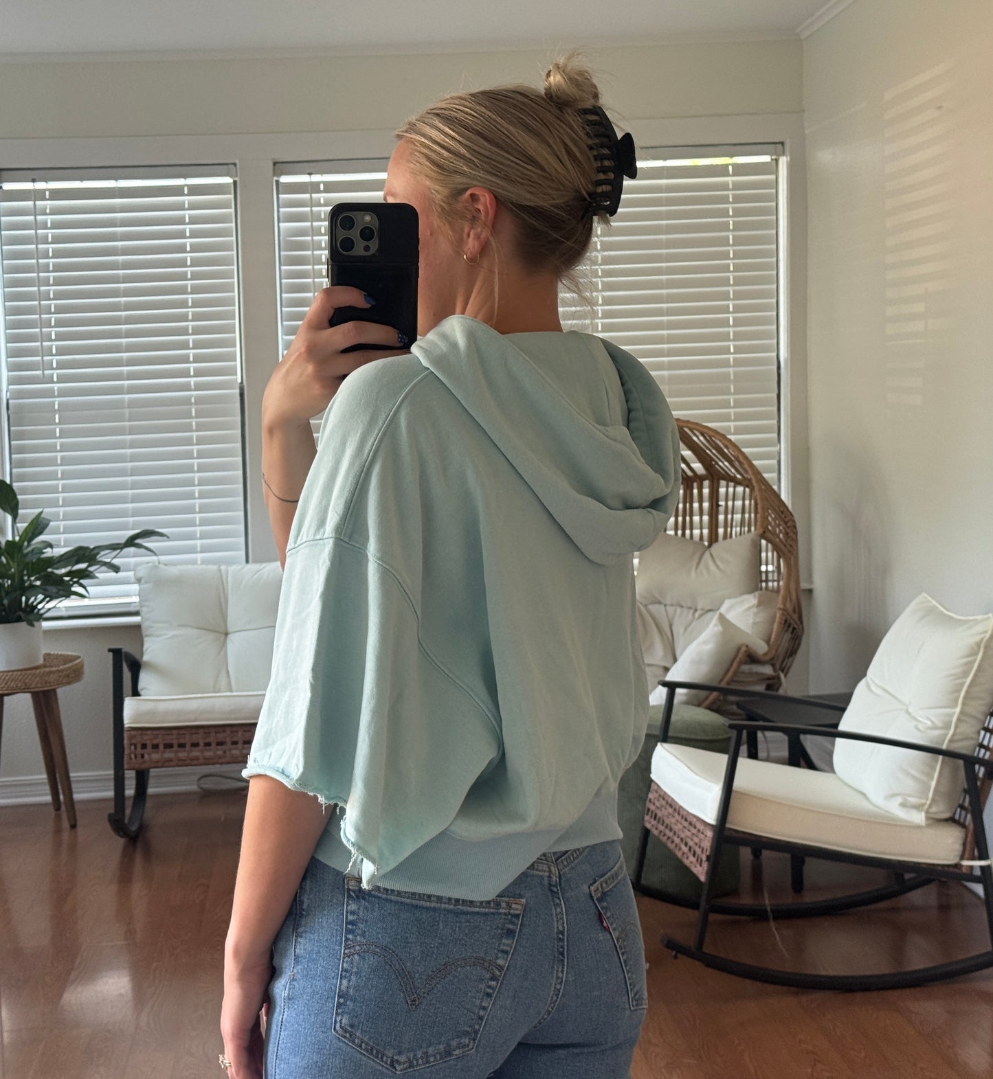 Short Sleeve Hoodie Top - Light Blue + Yellow