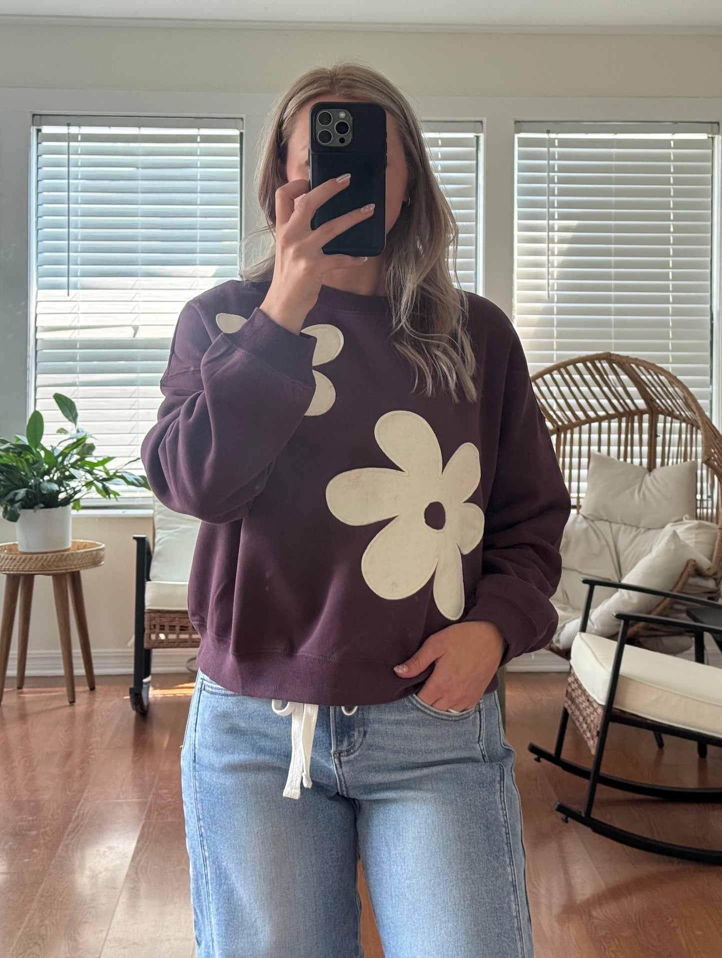 Floral Applique Sweatshirt - Dark Purple