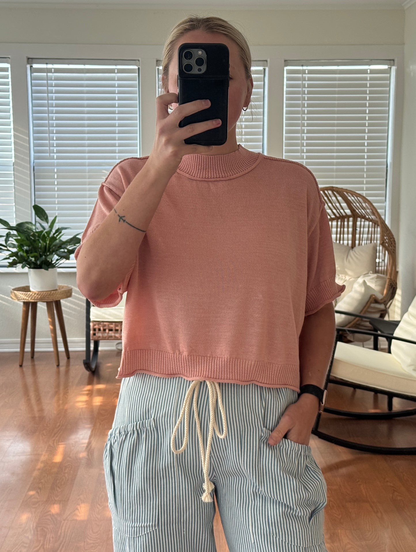 Mock Neck Short Sleeve Sweater - Coral