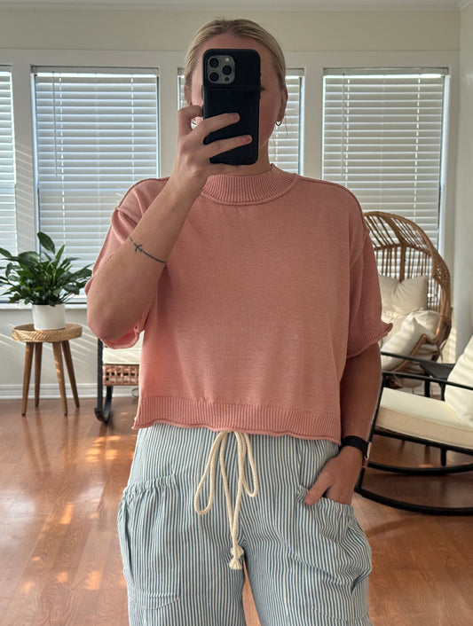 Mock Neck Short Sleeve Sweater - Coral