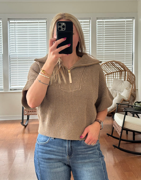 1/4 Zip Knit Short Sleeve Sweater - Mocha