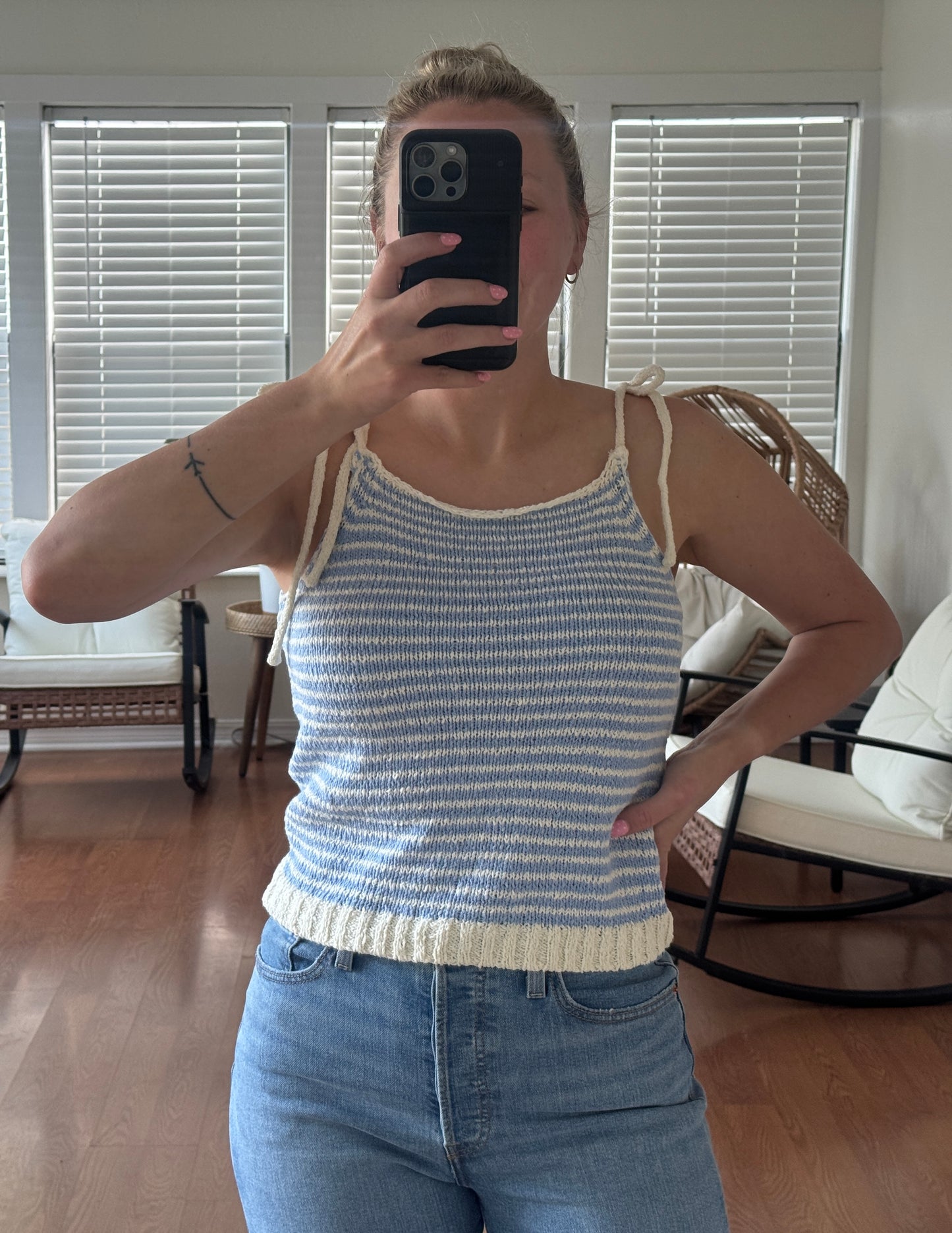 Striped Knit Tie Strap Tank - Blue + White