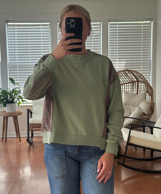 Patchwork Print Mineral Wash Top - Green