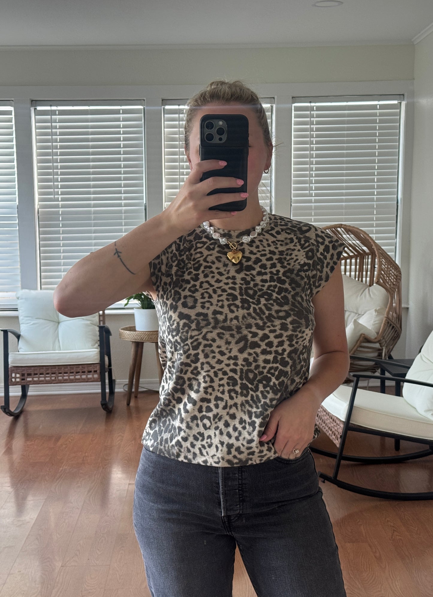 Leopard Cap Sleeve Tee - Tan + Gray