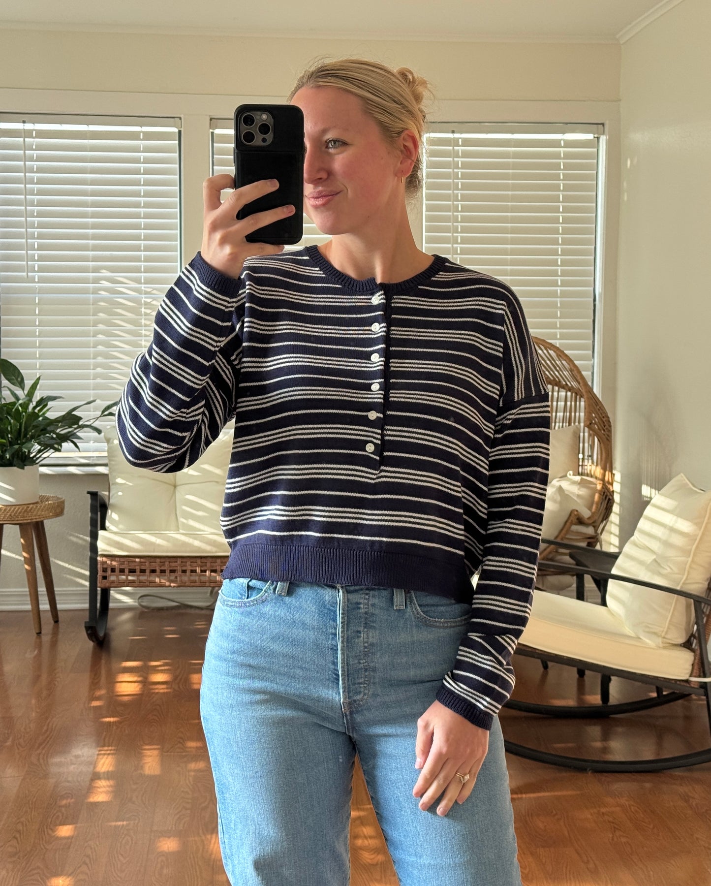 Striped Henley Sweater - Navy Blue