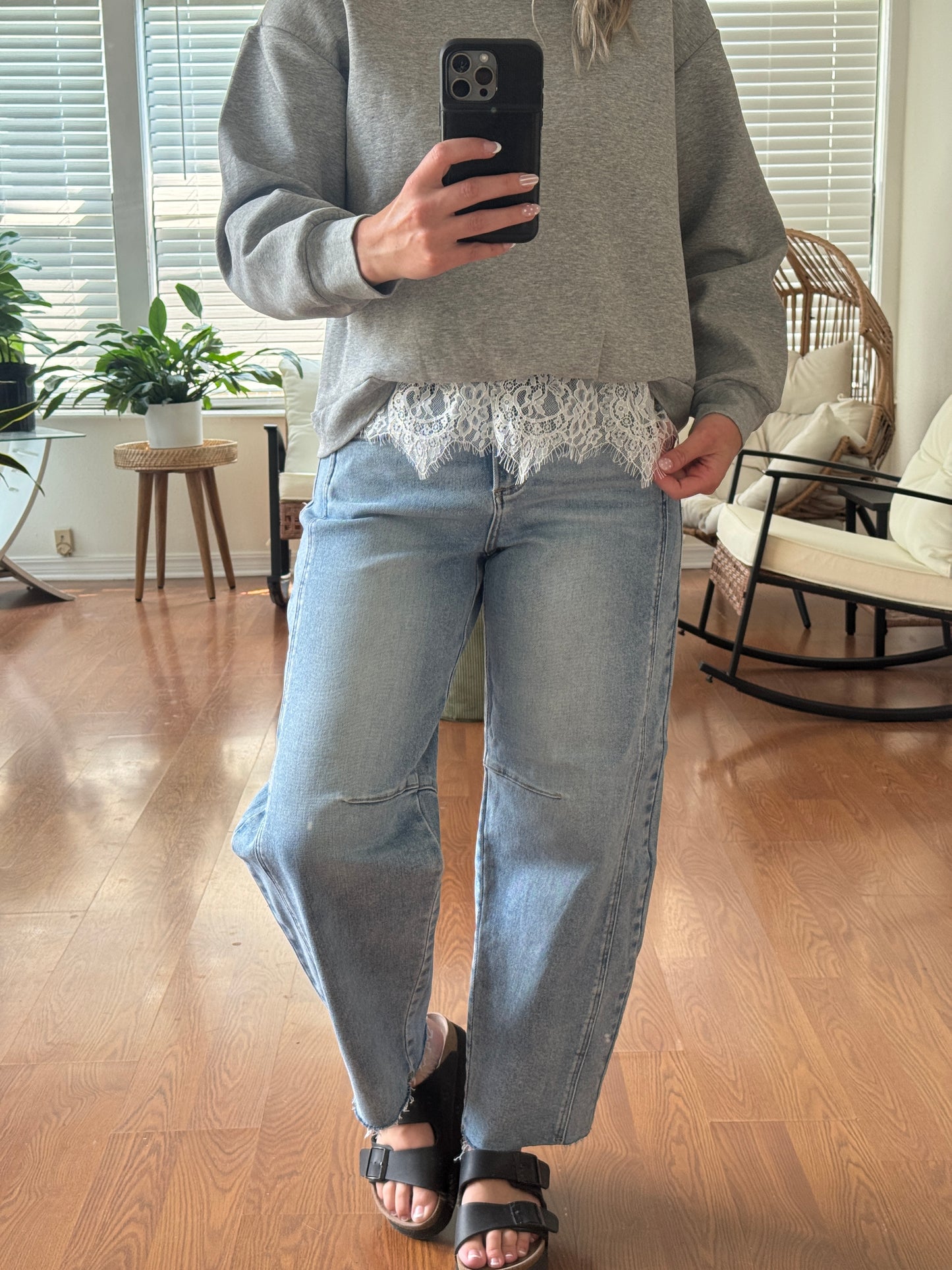 Crewneck Sweatshirt w/ Lace Hem - Gray