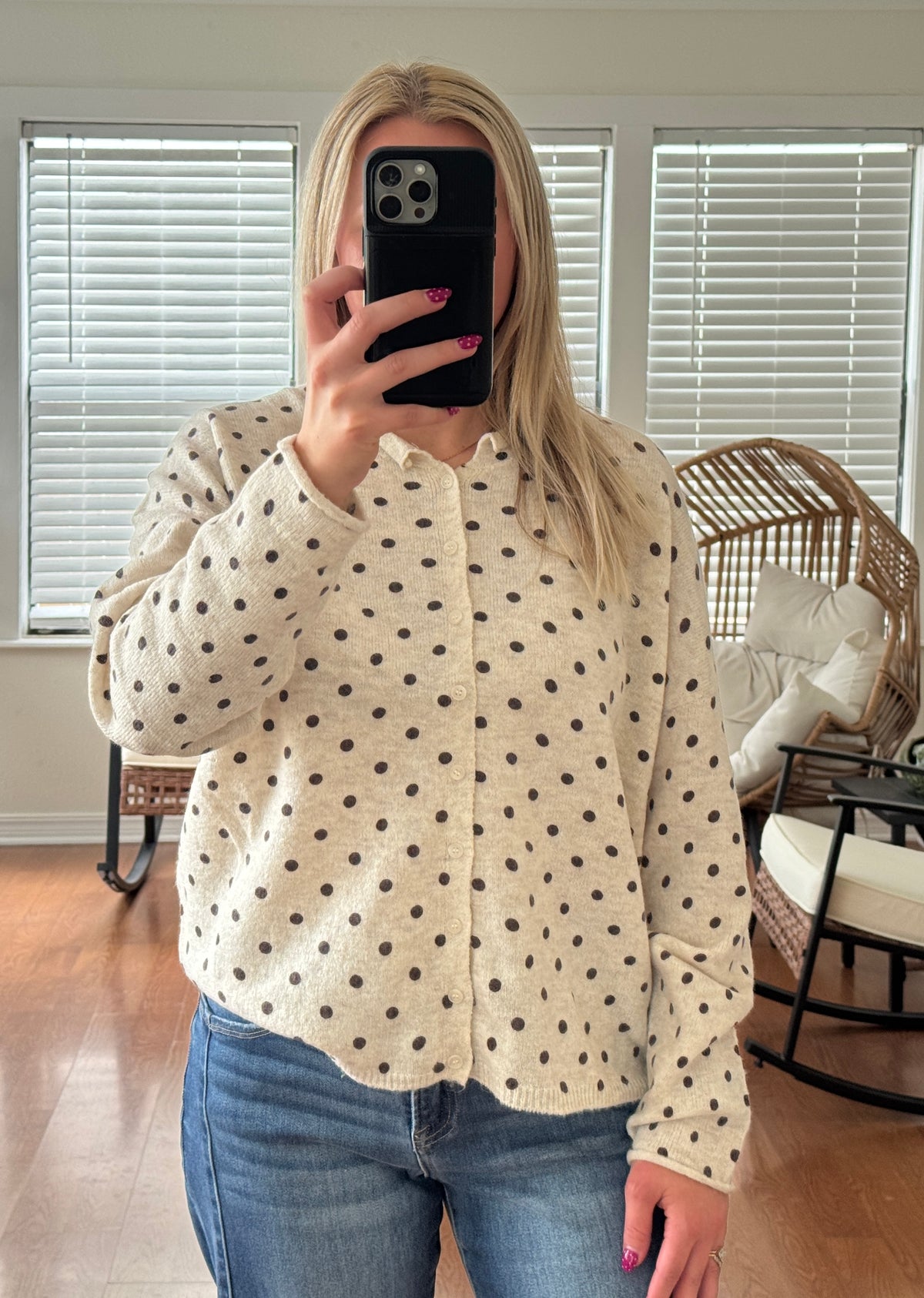 Polka Dot Raw Edge Knit Cardigan - Cream + Brown