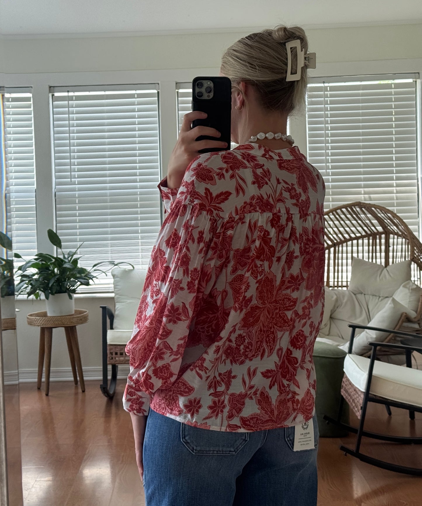 Floral Sheer Button Down Blouse - Strawberry
