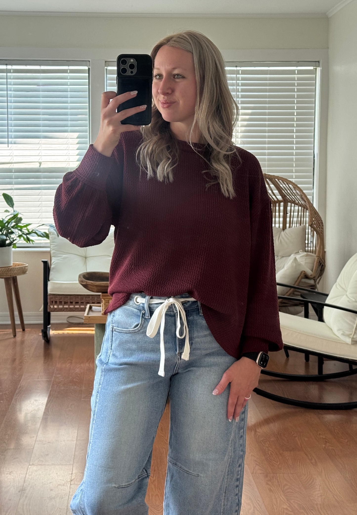 Textured Long Sleeve Knit Top - Burgundy