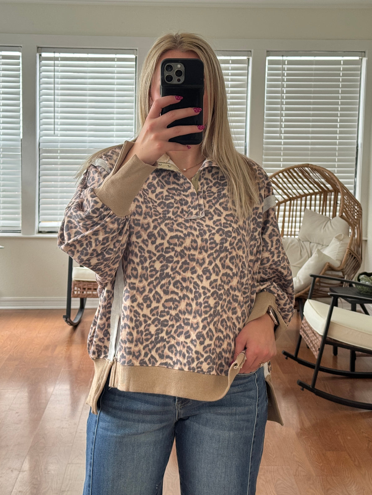 Leopard Button Collar Pullover - Tan + Gray