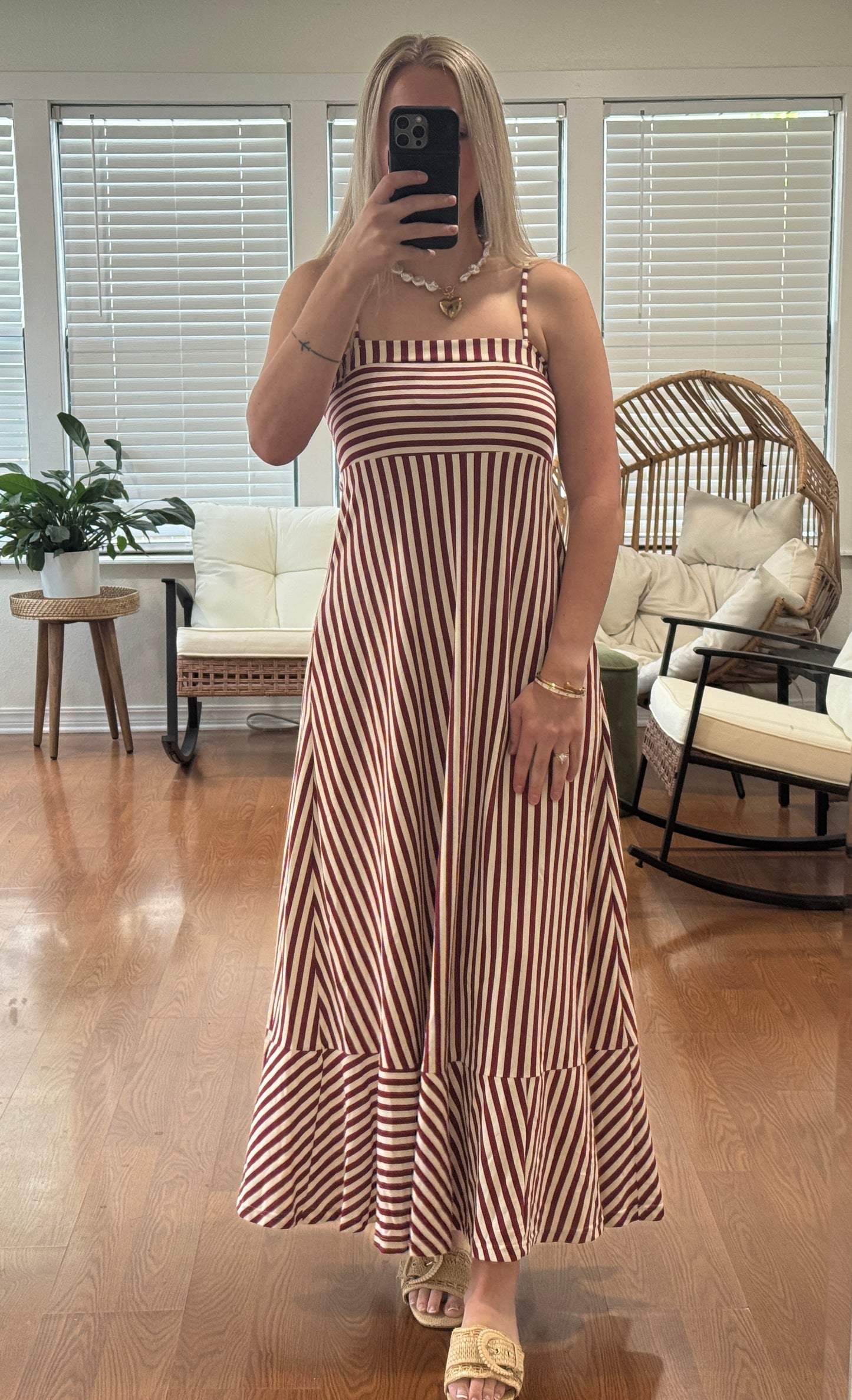 Striped Sleeveless Maxi Dress - Burgundy