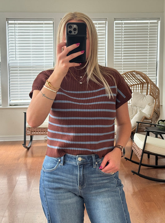 Striped Mock Neck SS Sweater - Brown + Blue
