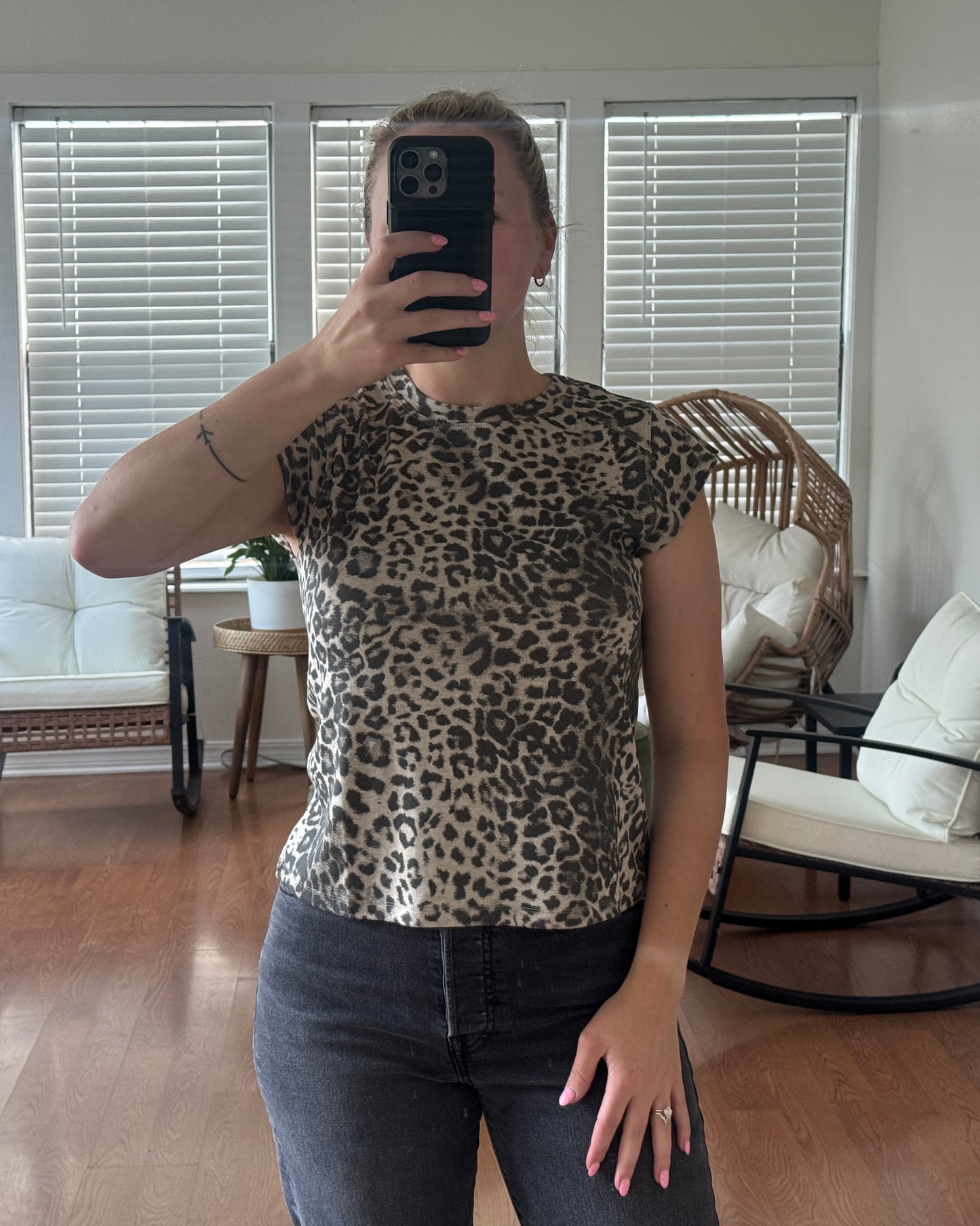 Leopard Cap Sleeve Tee - Tan + Gray