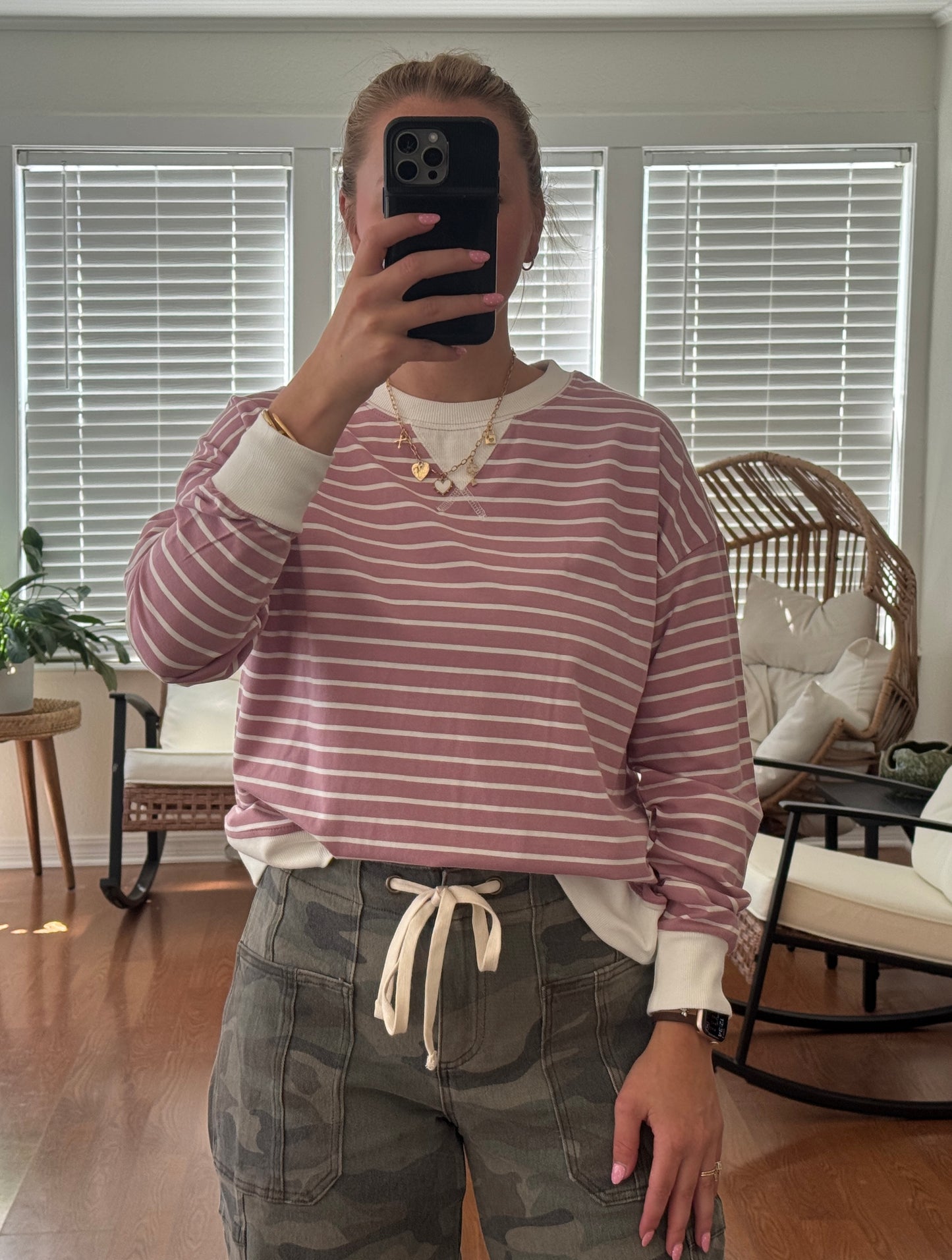 Striped Long Sleeve Pullover - Light Rose