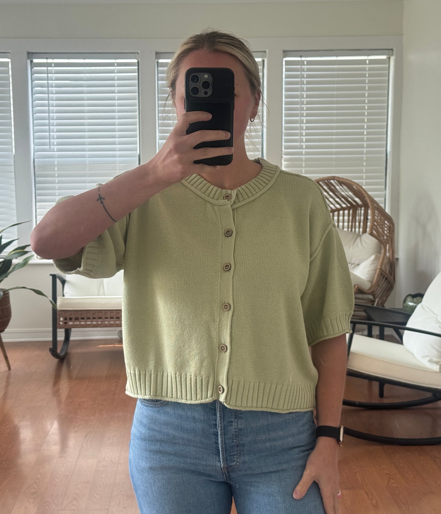 Short Sleeve Knit Cardigan - Olive Green