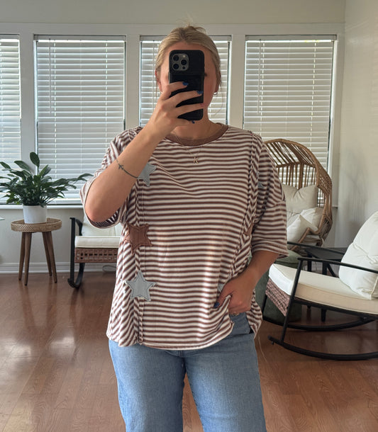 Striped Star Detailing Terry Cloth Top - Brown + Blue