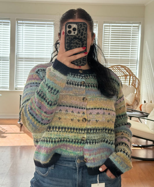 Fair Isle Button Front Cardigan - Navy Multi