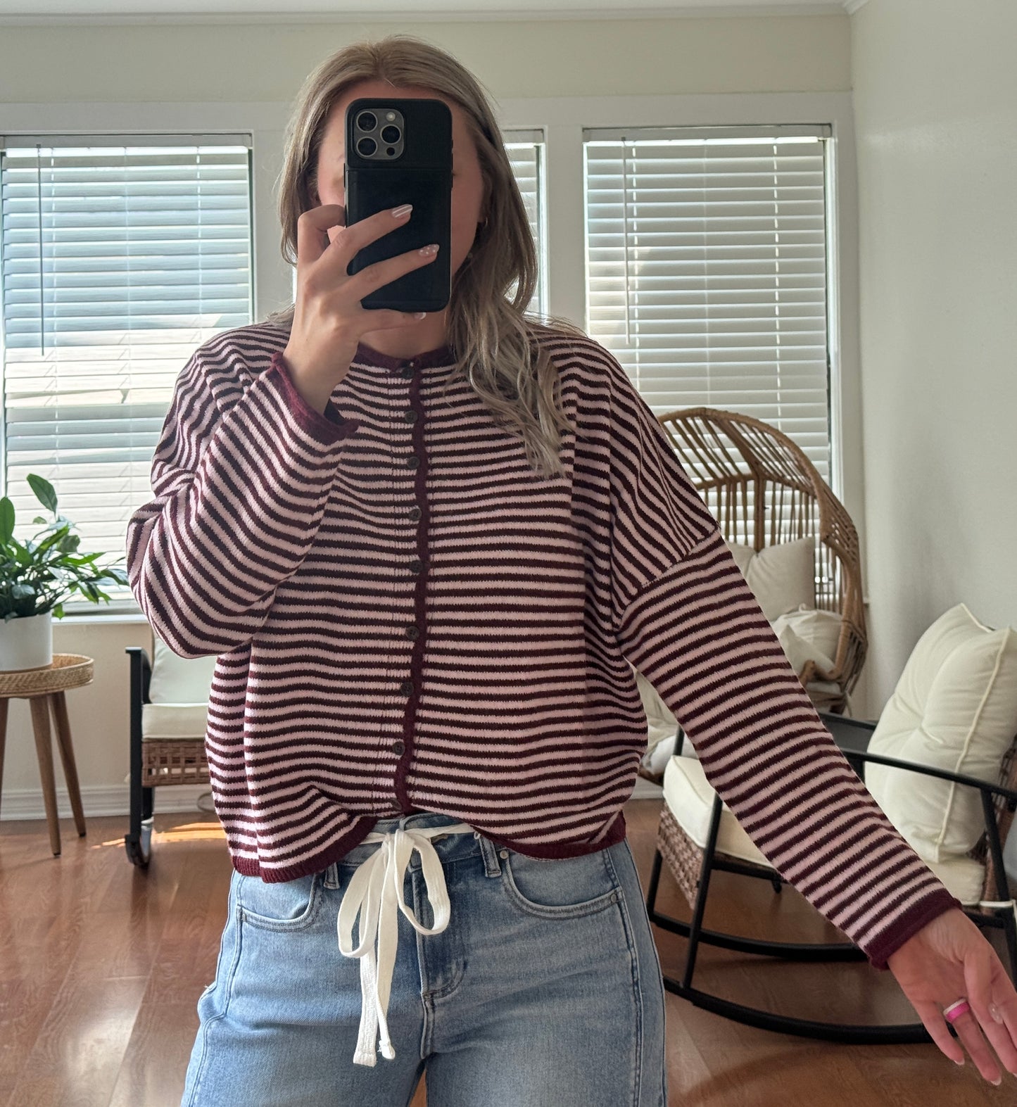Stripe Raw Edge Knit Cardigan - Burgundy + Pink