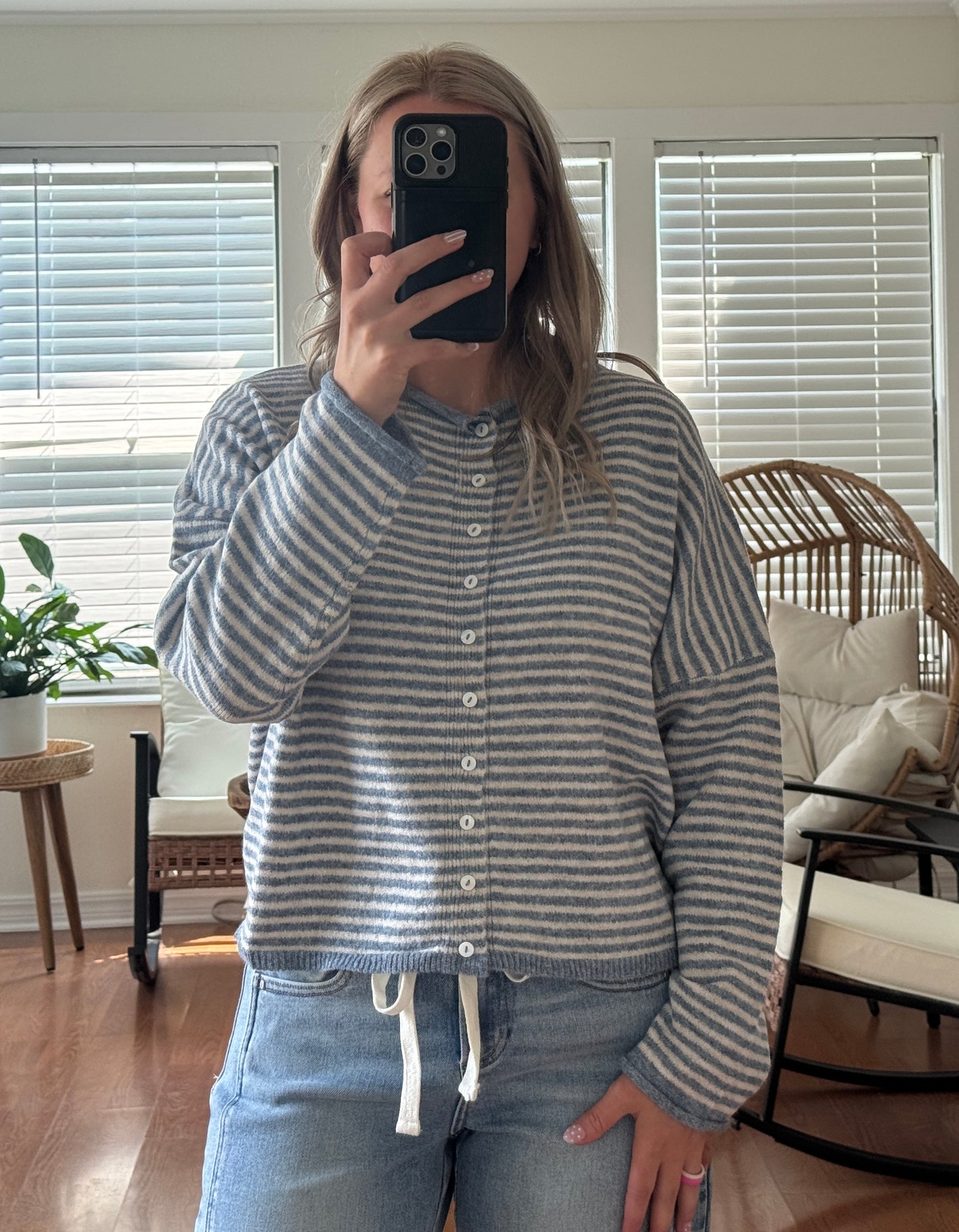 Stripe Raw Edge Knit Cardigan - Dusty Blue + White