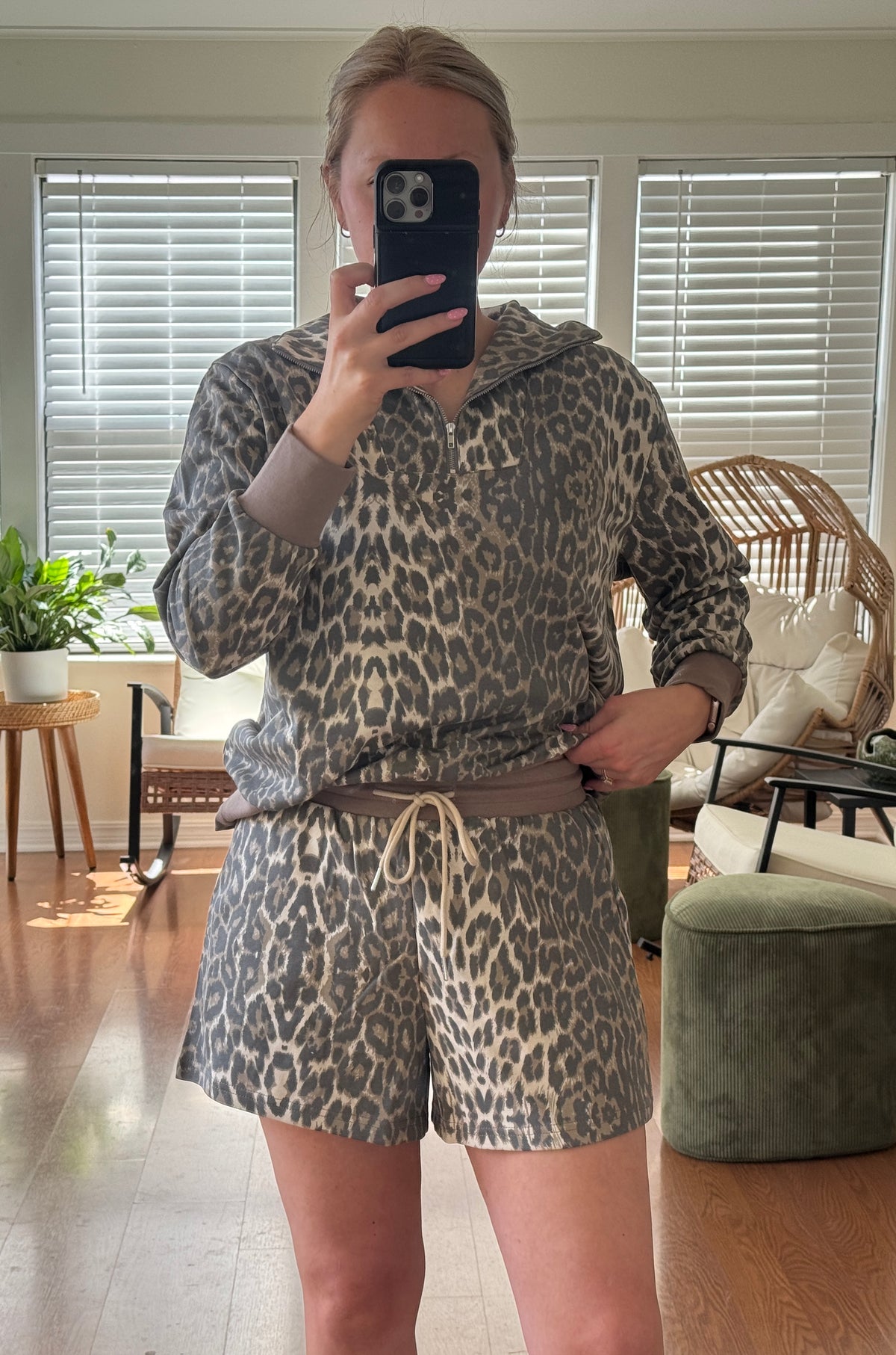 Leopard 1/4 Zip & Shorts Matching Set - Taupe