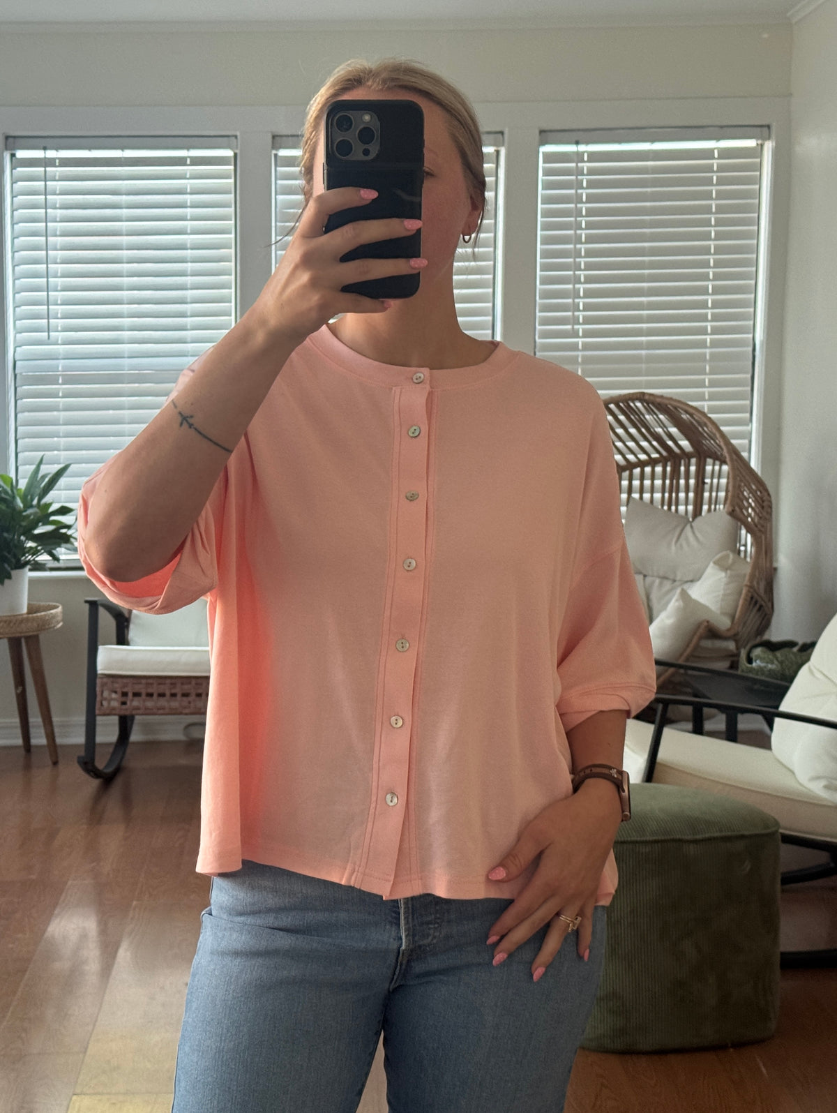 Oversized Button Front Knit Top - Pink