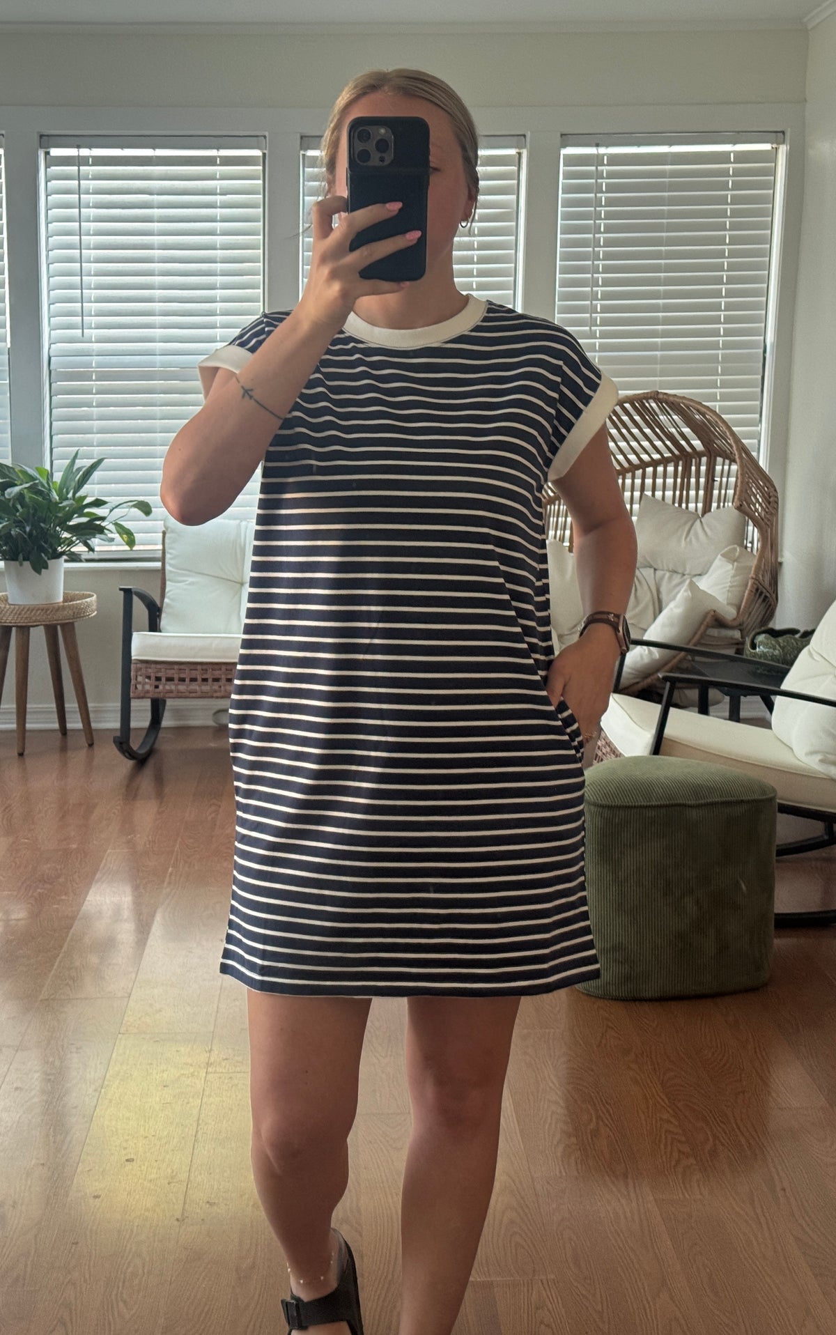 Striped Short Sleeve T-shirt Dress - Navy