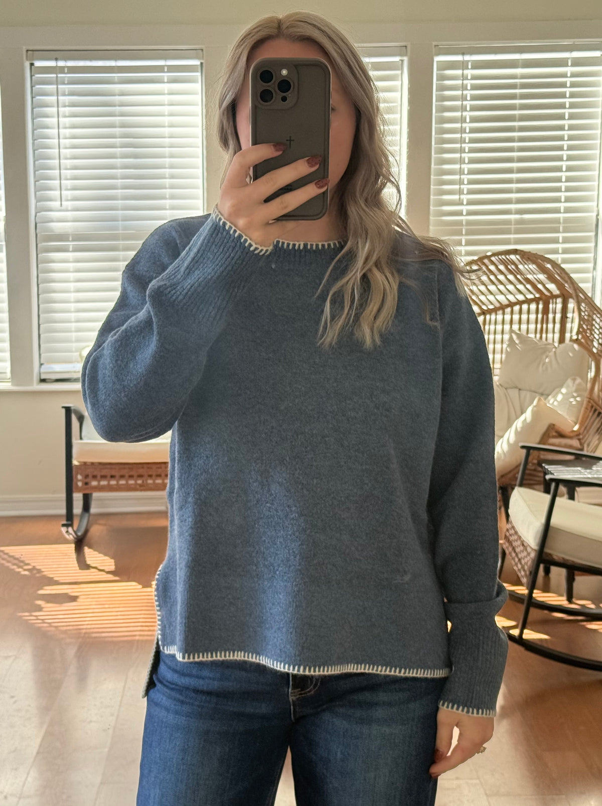 Contrast Stitch Wool Sweater - Navy