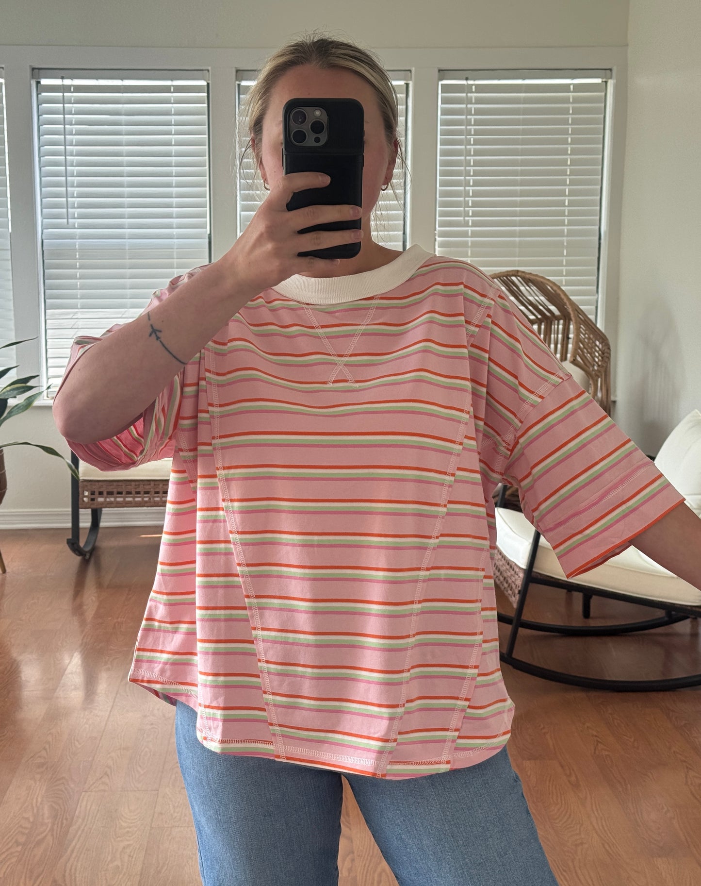 Striped Oversized Knit Tee - Pink