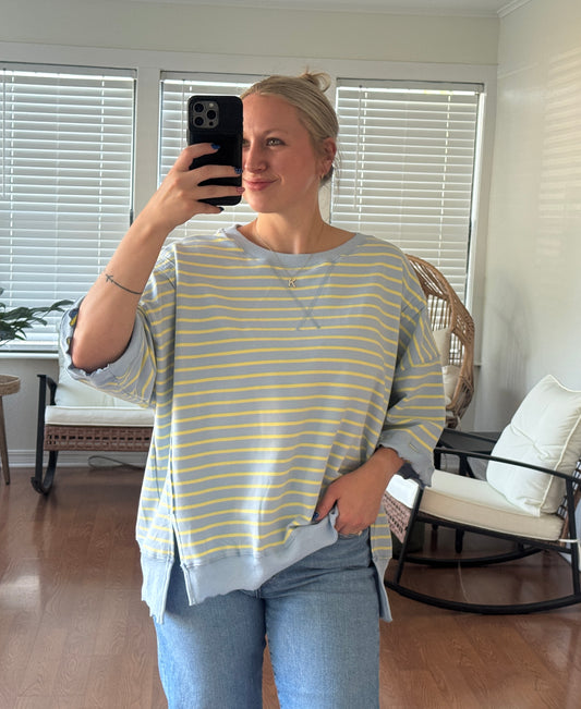 Striped Short Sleeve Sweatshirt - Light Blue + Yellow