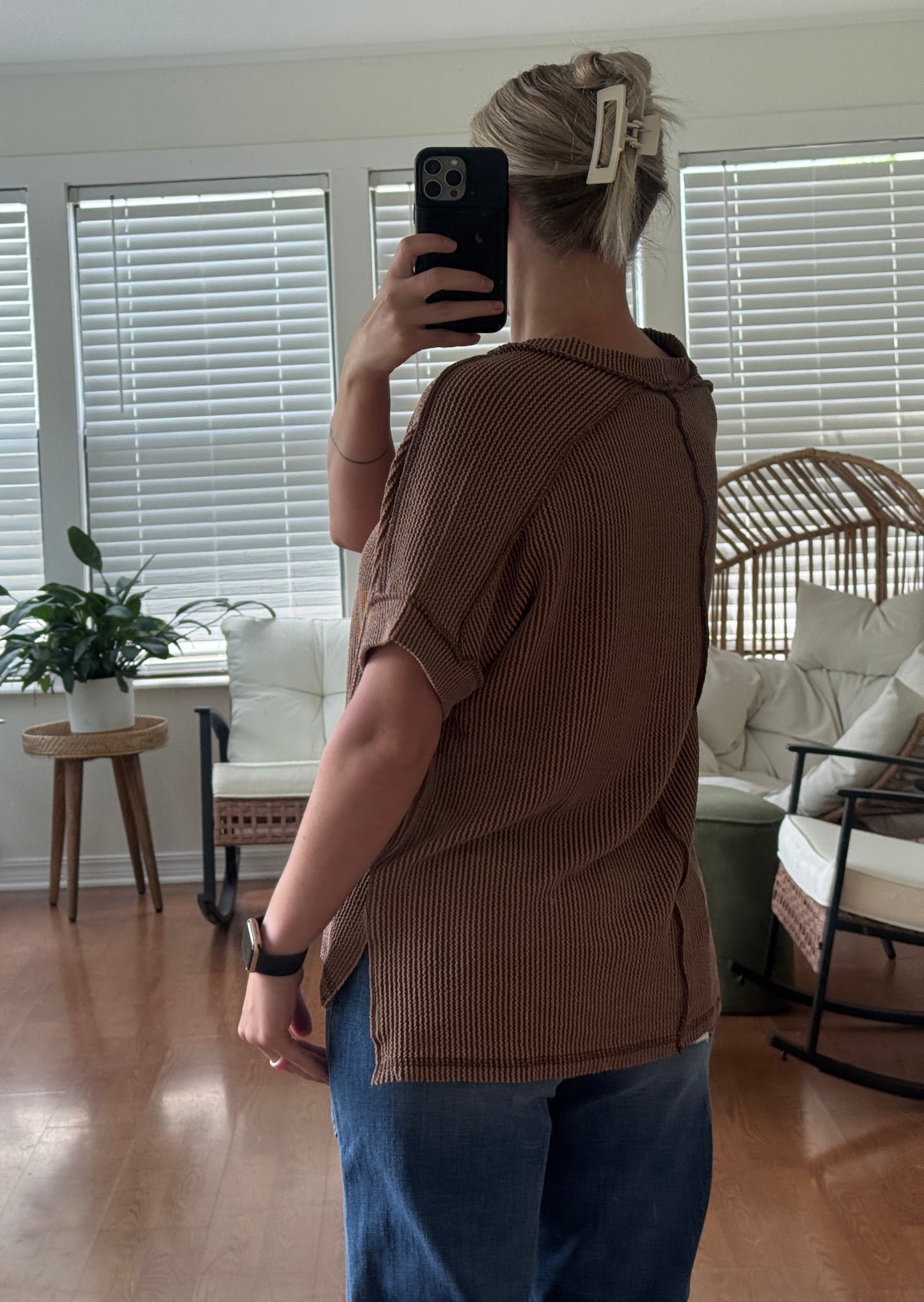 Ribbed Short Sleeve Tee - Brown