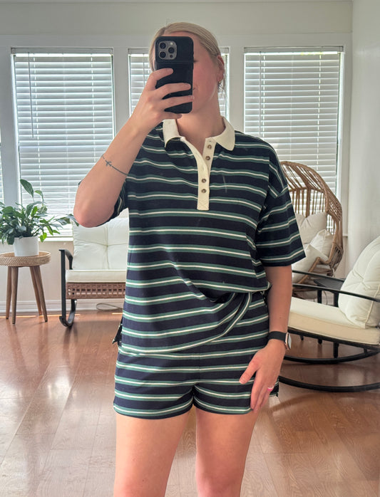 Striped Polo Top & Shorts Set - Navy Blue