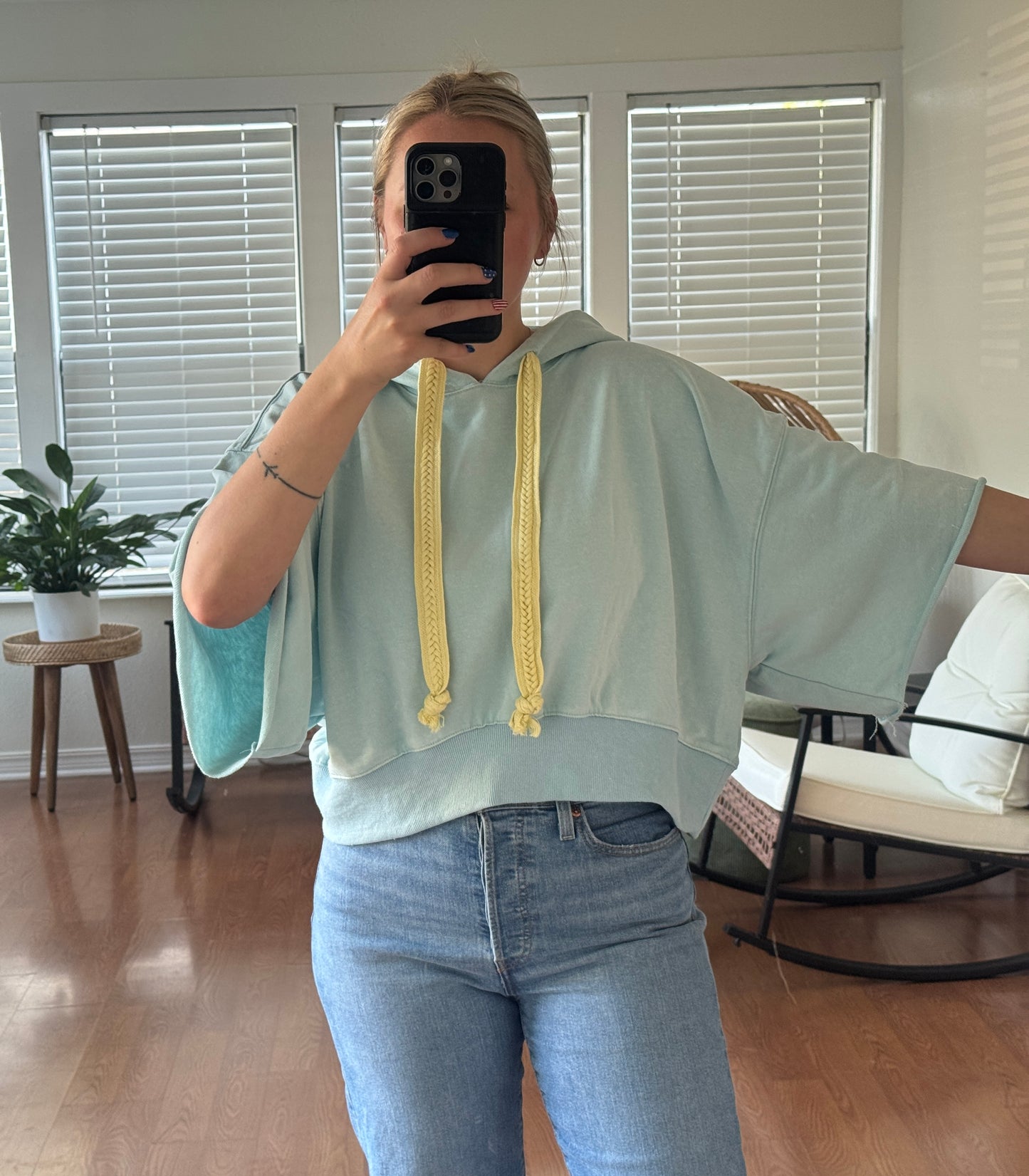 Short Sleeve Hoodie Top - Light Blue + Yellow