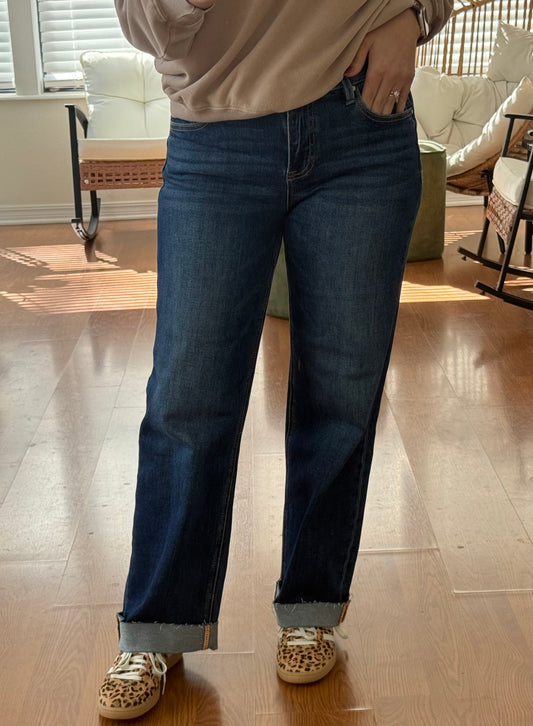 Mid Rise Cuffed Ankle Straight Leg Jeans