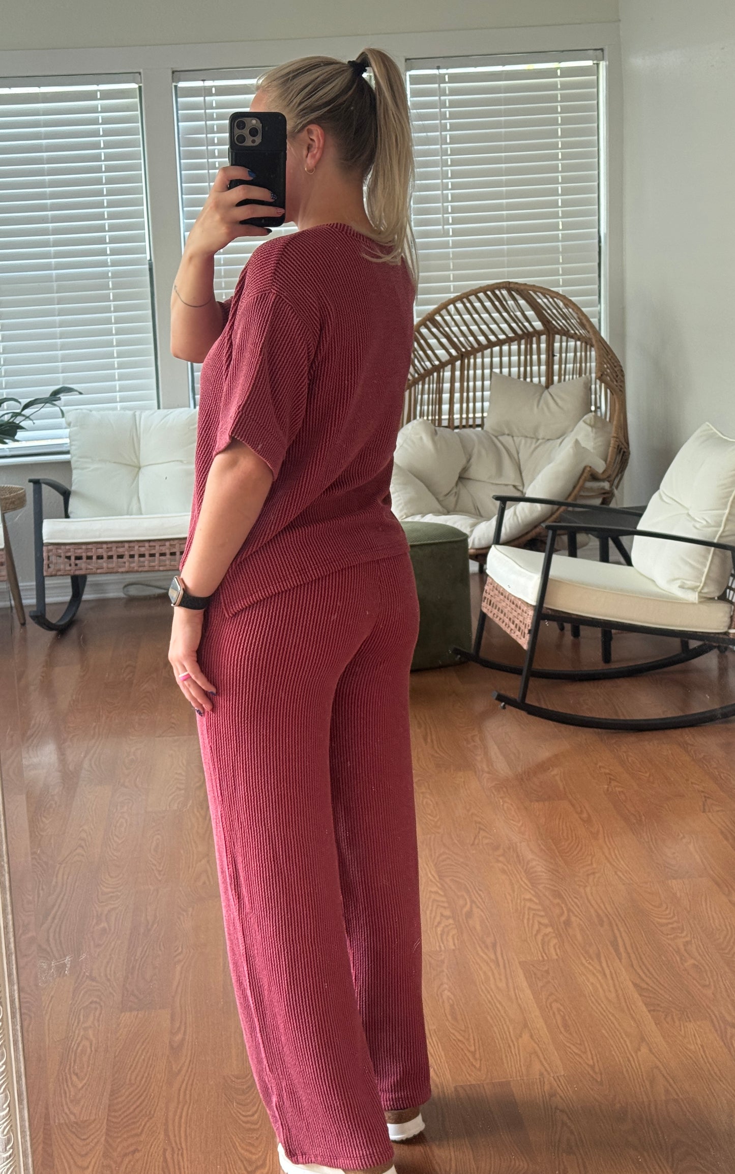 Ribbed Pants Matching Set - Burgundy