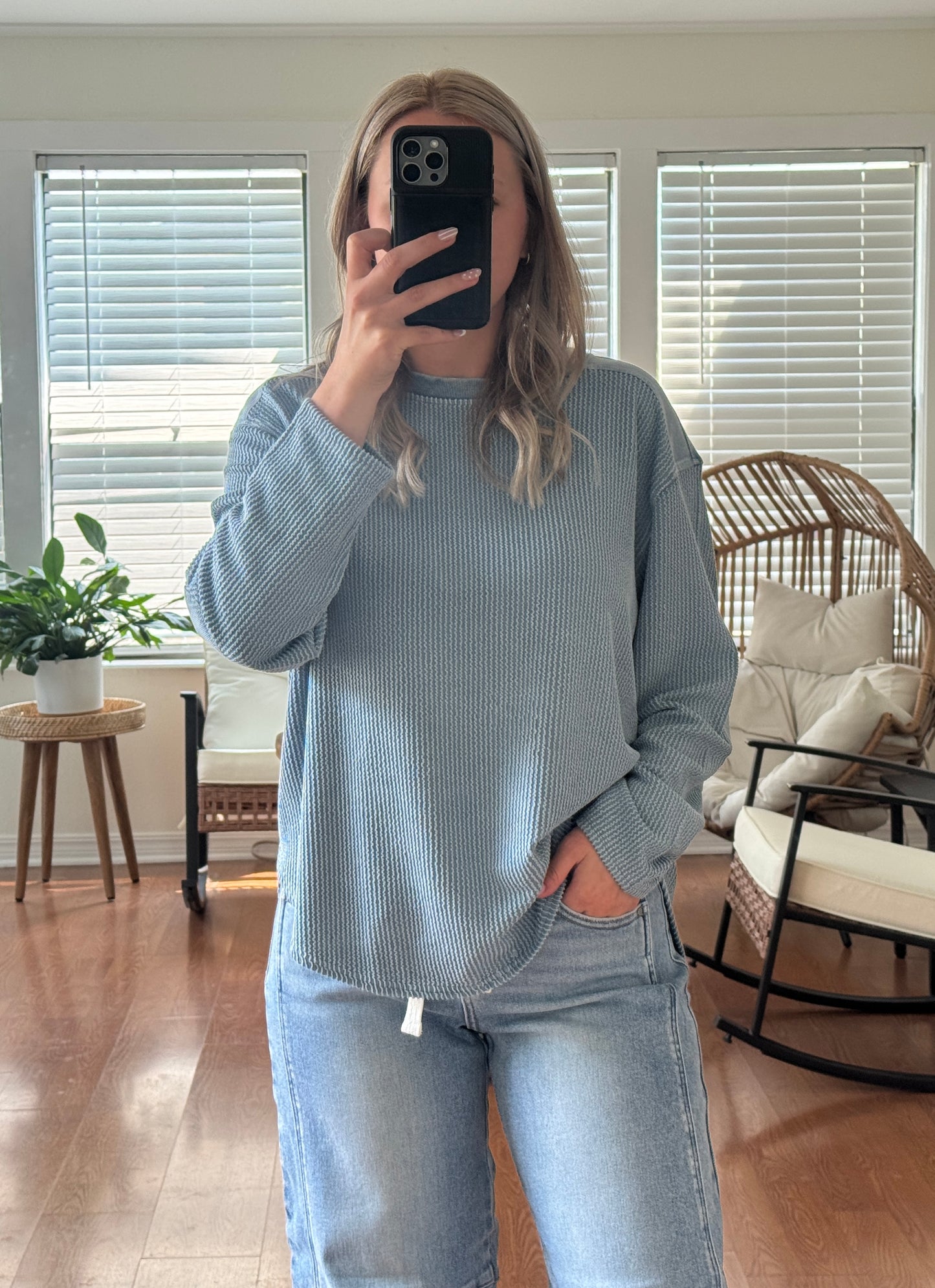 Boxy Thermal Long Sleeve Top - Light Blue