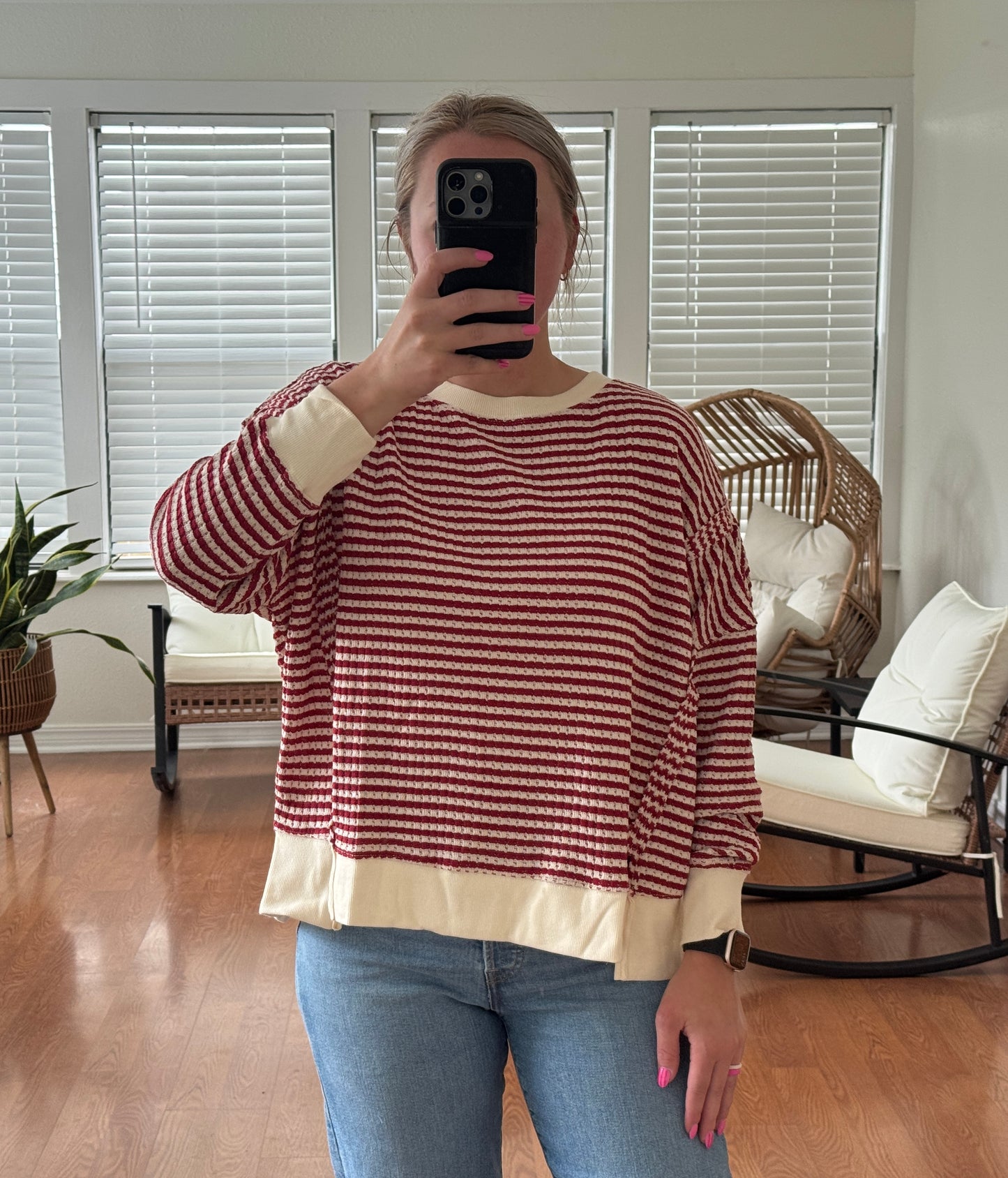 Striped Split Hem Knit Top - Red + Cream