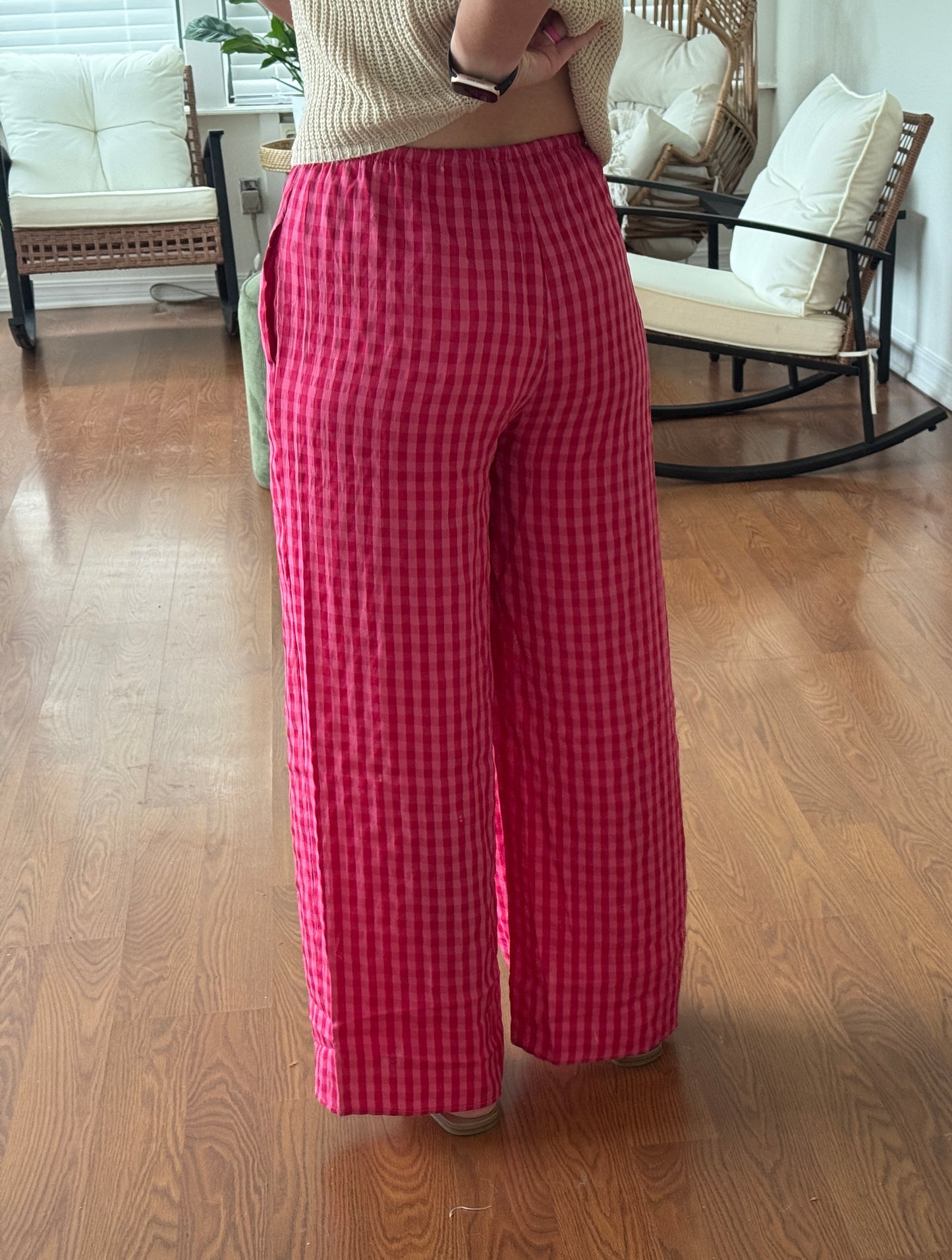 Gingham Print Drawstring Pants - Pink