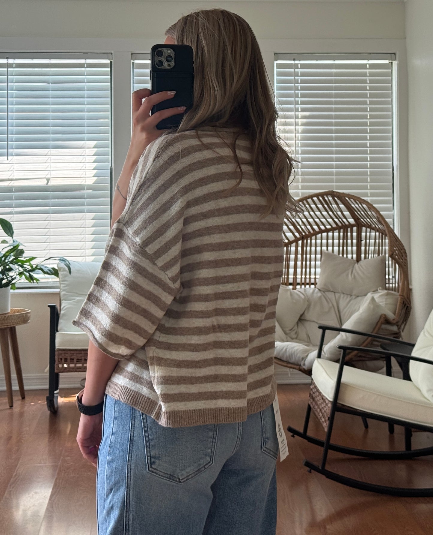 Stripe Raw Edge Short Sleeve Cardigan - Mocha + White