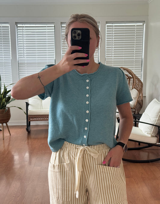 Puff Short Sleeve Cardigan Sweater - Sapphire Blue
