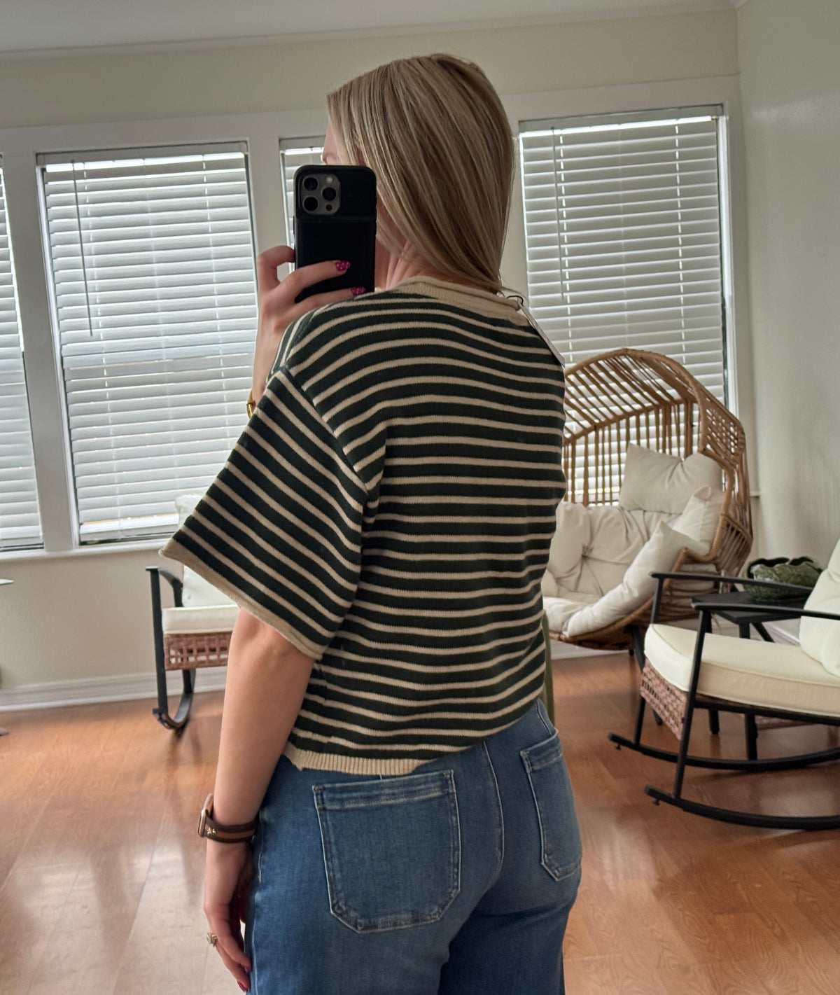 Striped S/S Henley Knit Top - Green + Tan