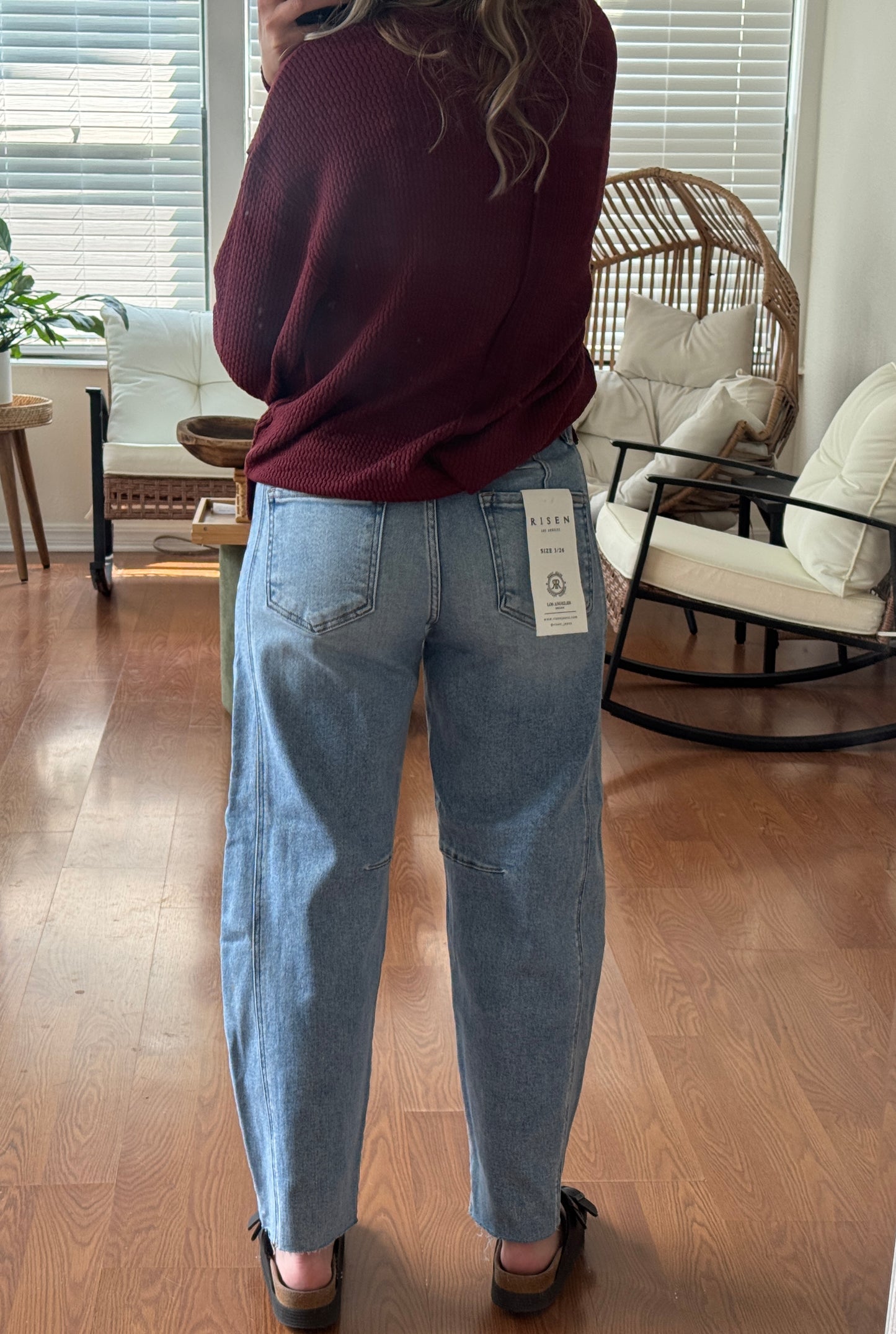 Slouchy Barrel Jeans w/ Drawstring - Light Wash