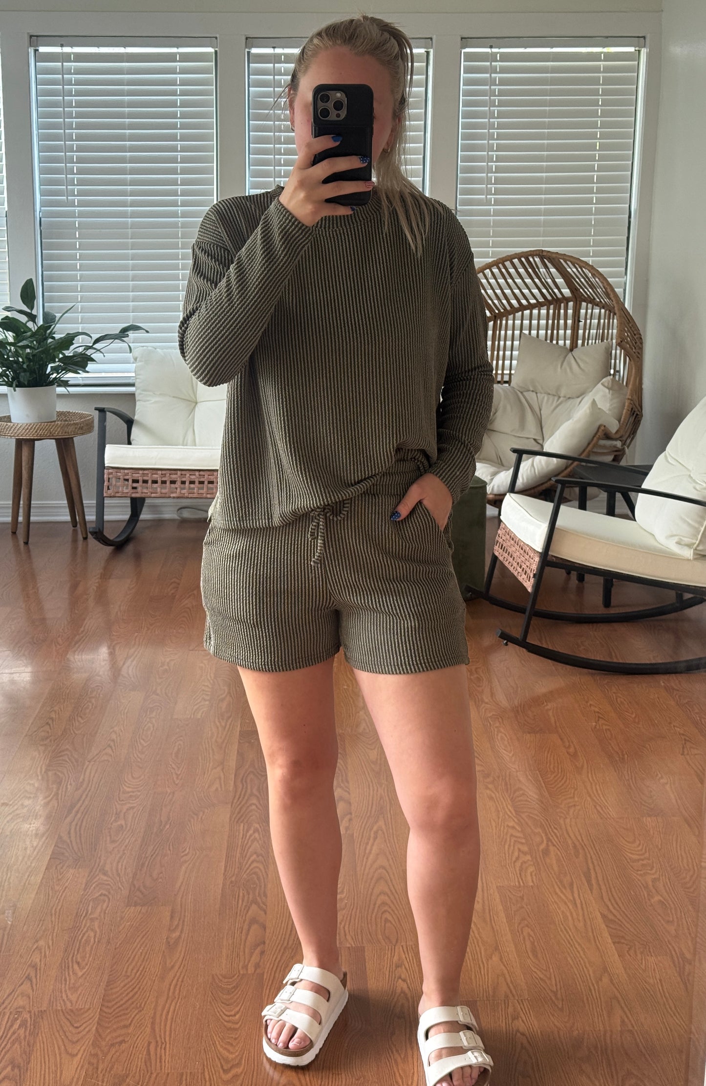 Ribbed Long Sleeve/Shorts Matching Set - Olive Green
