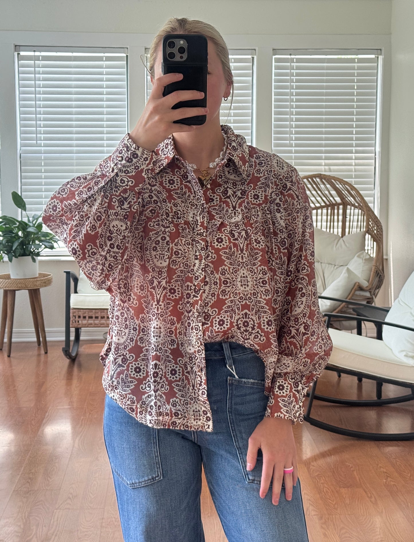 Bohemian Sheer Button Down Blouse - Brown