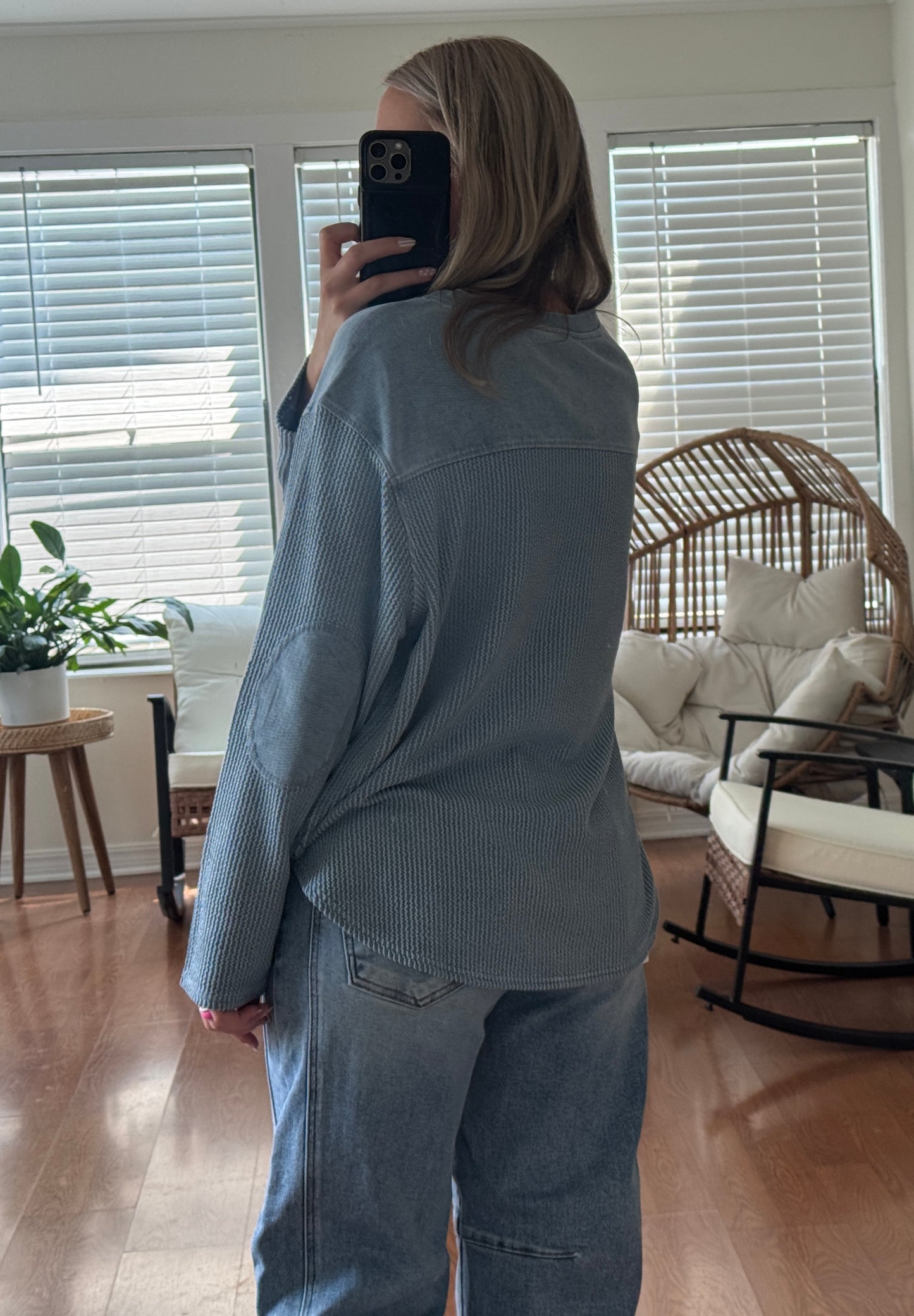 Boxy Thermal Long Sleeve Top - Light Blue