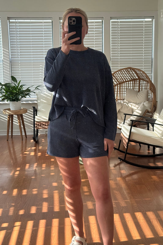 Ribbed LS/Shorts Matching Set - Navy Blue