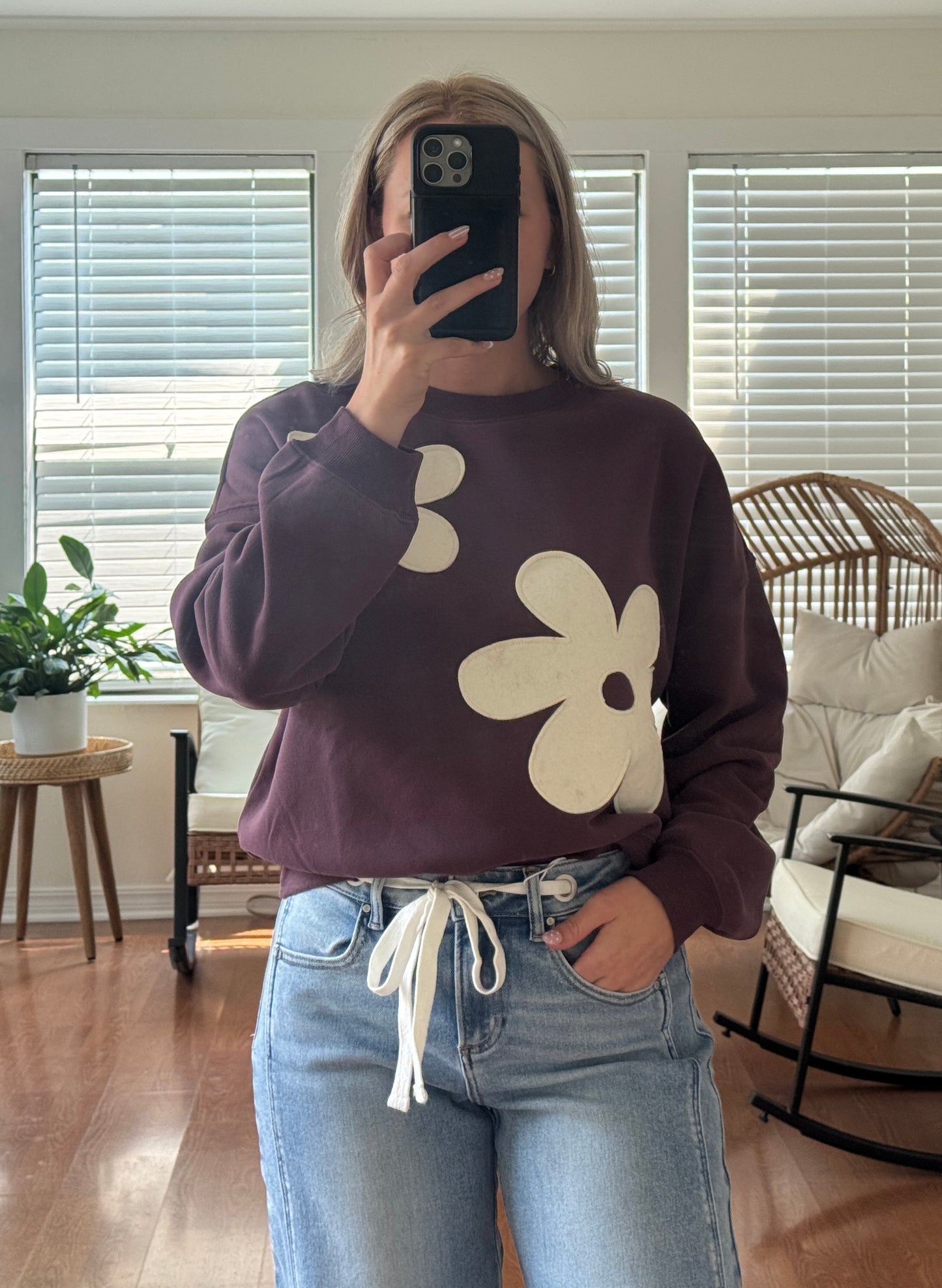 Floral Applique Sweatshirt - Dark Purple