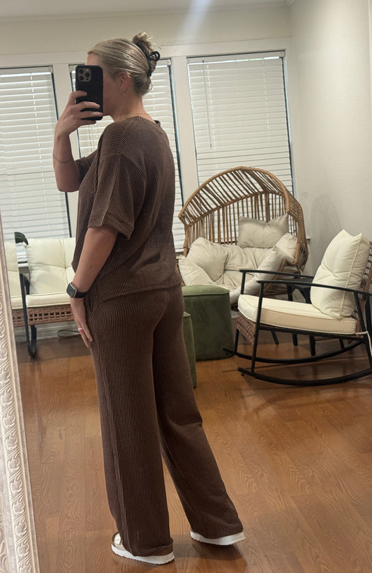 Ribbed Pants Matching Set - Brown