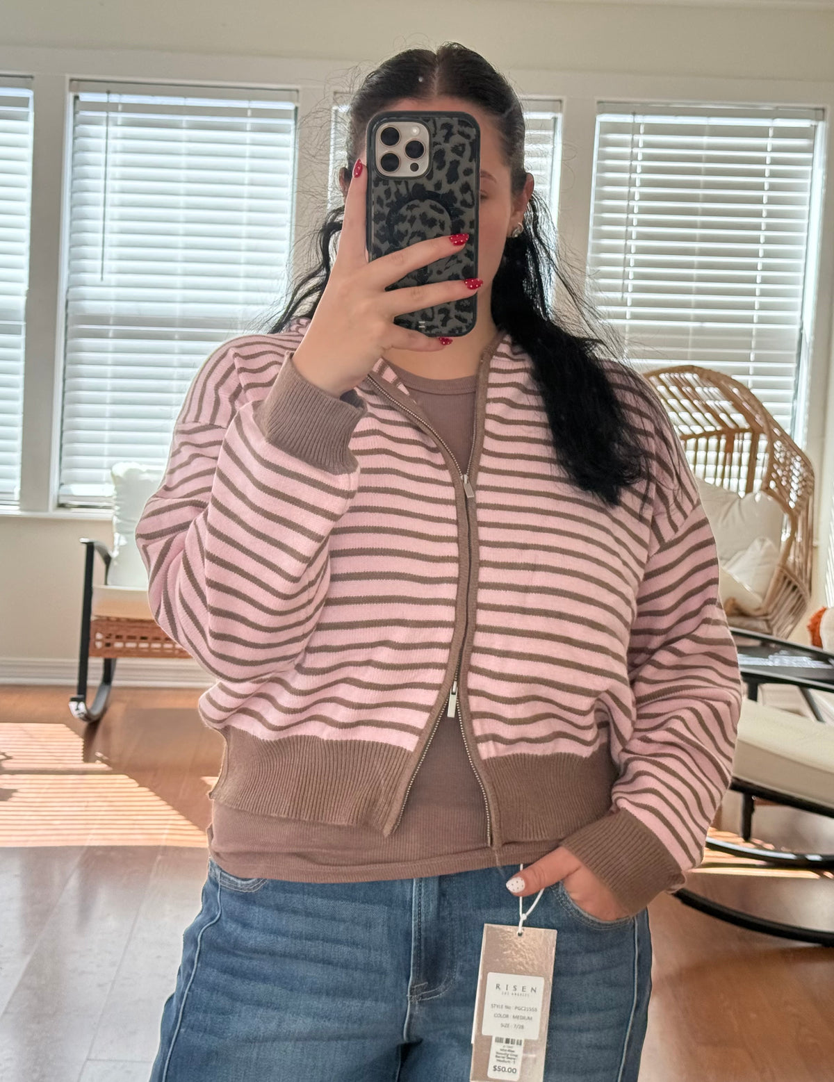 Striped Zip Up Knit Hoodie - Pink + Brown